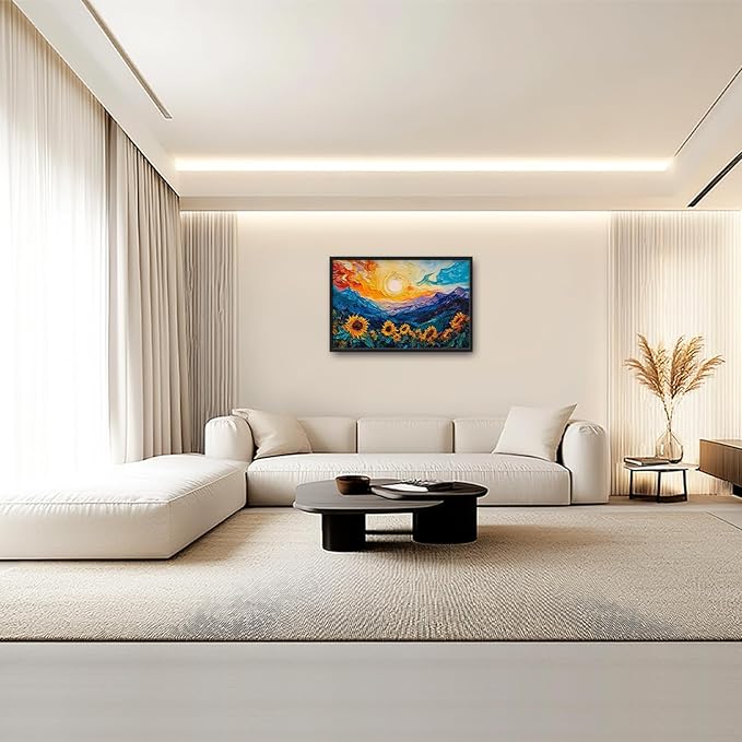 Sunflowers Framed Wall Art for Living Room, Large Flowers Canvas Wall Decor, Vintage Florals Pictures Painting, Modern Landscape Artwork for Bathroom Bedroom 36L'' × 24W''