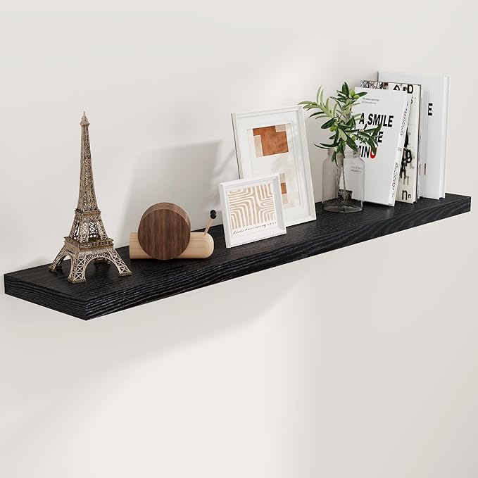 55 Inch Floating Shelves Black, Rustic Wood Floating Shelf Wall Mounted, 9.3 Inch Deep Floating Shelf for Kitchen, Bedroom, 55 x 9.3 Wall Shelves for Home Storage, Set of 1