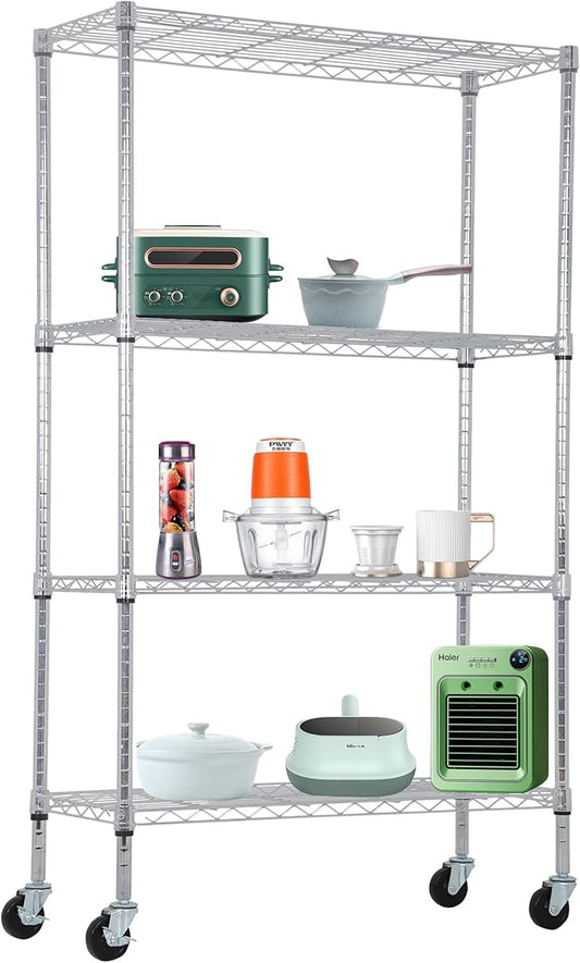 BestOffice | 4-Tier Wire Storage Shelves with Wheels | 36x14x62 | Chrome | Adjustable Racks | Heavy-Duty Metal Shelf, Holds Upto 500 lbs | No-Tool Assembly | Ideal for Home & Garage Shelving