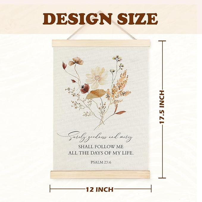 Supwhd Boho Floral Christian Wall Art with Wooden Poster Hanger, Goodness and Mercy Shall Follow Me Posters Wall Art Decor, Christian Wall Decor for Home Room, 12x16