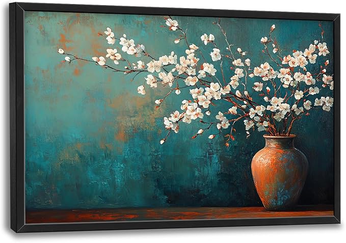 Teal Flowers Framed Wall Art for Living Room, Large Florals in Vase Canvas Wall Decor, Vintage Canvas Pictures Painting, Modern Artwork for Bathroom Bedroom 36L'' × 24W''
