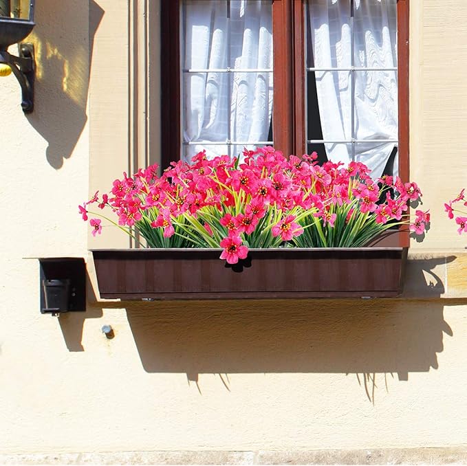 30 Bundles Artificial Flowers Outdoor UV Resistant Fake Flowers No Fade Faux Plastic Plants Garden Porch Window Box Decorating(Rose red)