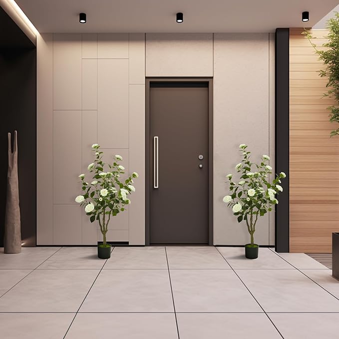 4ft Artificial Camellia Tree with White Silk Flowers - Realistic Faux Flowering Plant for Indoor/Outdoor Decor, Home Staging & Wedding Centerpieces Set of 2