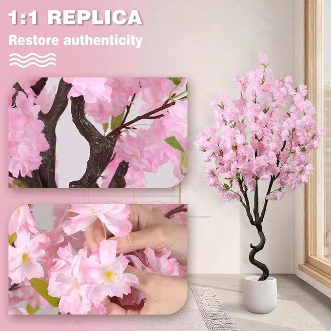 Faux Pink Cherry Blossom 5.5ft(67in) Tall Artificial Plant Indoor Decor Natural Realistic Fake Cherry Blossom Tree for Wedding Party Sakura Plant in Pot for Home Living Room,Office,Outdoor Decor