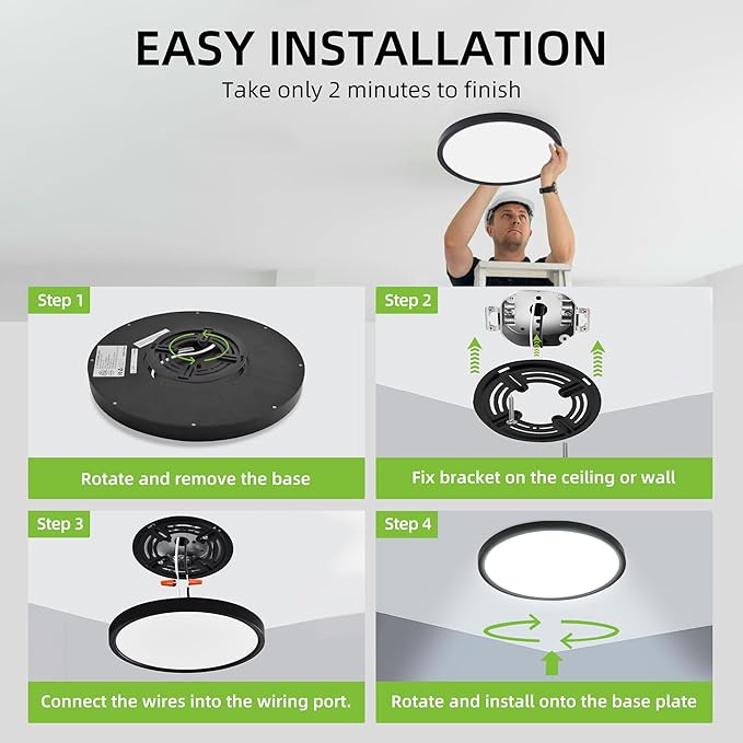 hykolity 2 Pack 12 Inch Selectable CCT LED Round Flat Panel Light, 24W, 3000K/4000K/5000K, Edge-Lit Flush Mount Ceiling Light Fixture for Kitchen, Bedroom and Closet Room, Black