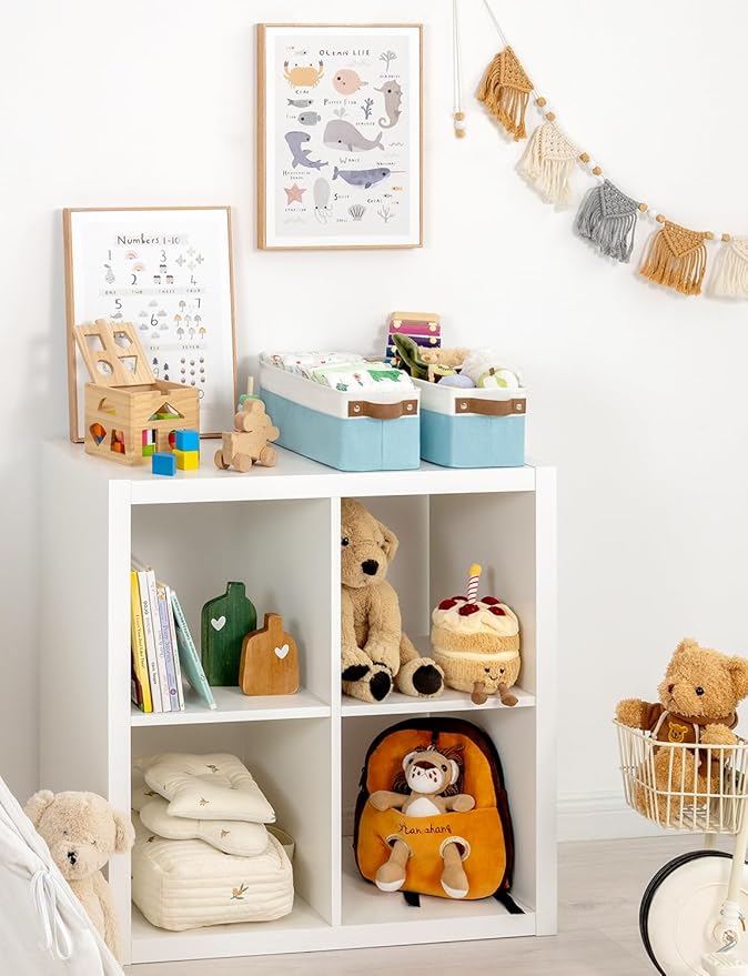 StorageWorks Narrow Storage Bins, Small Basket for Closet and Shelves, Fabric Organizer with Handles, Toilet Paper Storage, Light Blue and White, 2-Pack