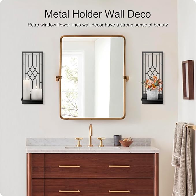 Wall Sconces Candle, Black Metal Wall Decor, Retro Wall Candle Holder for Living Room, Dining Room, Bedroom, Bathroom (2 Pack, 16.5 x 7 in)