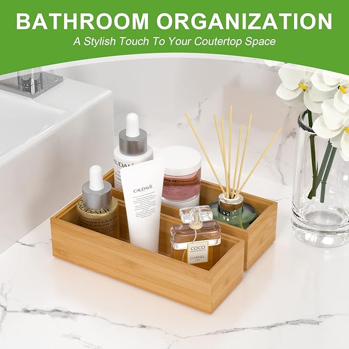 Bamboo Drawer Organizer – Set of 2 Stackable Storage Boxes, Silverware Tray & Small Gadget Holder for Kitchen Drawers, 9" x 3" x 2" (Outer), 8.3" x 2.3" x 1.77" (Inner)