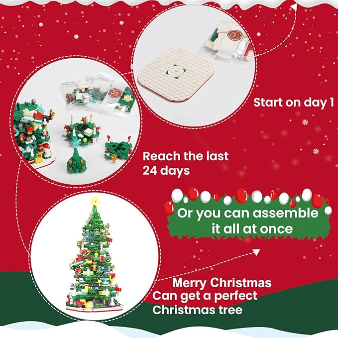 Advent Calendar 2025 Adult Teen Boy Girls Kids Christmas Tree Building Set Toys with Led light, Holiday 24 Days Christmas Countdown Calendars Xmas Tree, Fun Cute Gifts (1083 PCS)