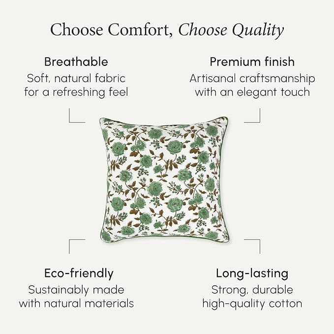 CPC 100% Cotton Throw Pillow Covers 18x18 Inch, Set of 2 Green Block Print Pattern Couch Pillow, Cute Boho Decorative Pillows for Living Room, Bedroom with Hidden Zipper- Moss Green