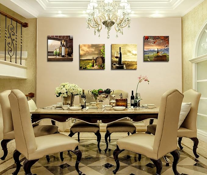 Kitchen Wall Decor Canvas Art for Dining Room, Farmhouse Rustic Paintings Vintage Fruit Red Wine Pictures Realism Colorful Artwork Prints for Bar Living Room Decoration - 12"x12"x4 Pcs