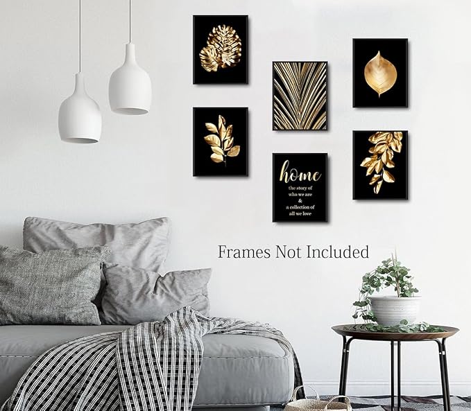 Gold Leaf Art Prints,Modern Black Gold Botanical Tropical Plant Leaves Wall Art Decor,Foliage Inspirational Quotes Canvas Gallery Poster Prints for Bedroom Room Home Decor,Set of 6 (8"X10" Unframed)