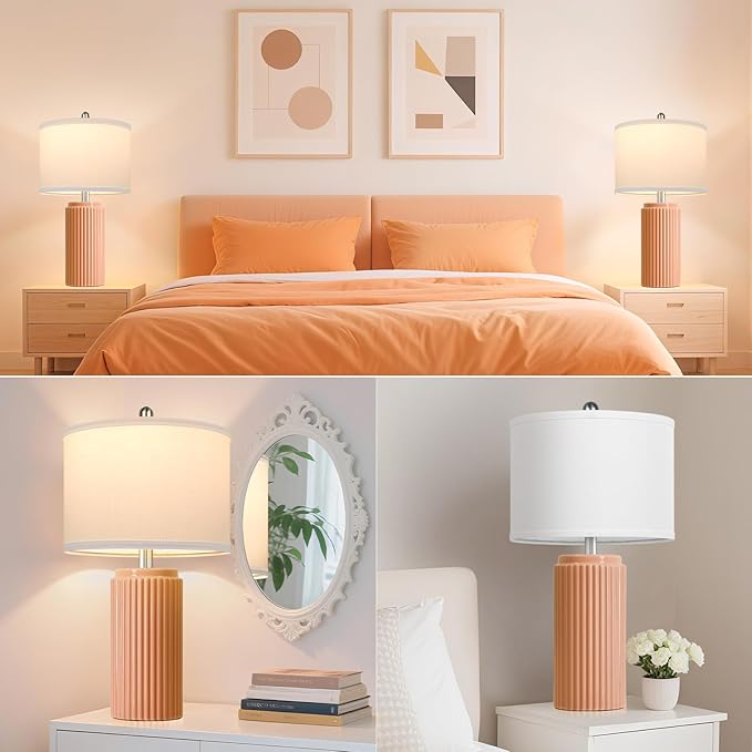 23.5’’ Orange Table Lamps for Bedroom Set of 2, Modern Ceramic Nightstand Lamps for Living Room, Retro Lamps with White Shade Set for Home Office End Table, Farmhouse Bedside Lamps for End Table Dorm