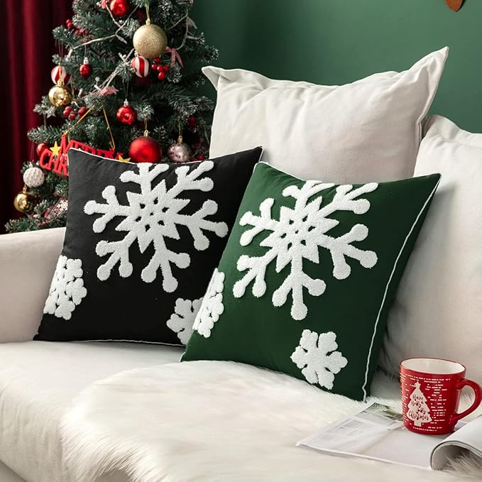 MIULEE Pack of 2 Christmas Decorative Snowflake Throw Pillow Covers Canvas Embroidery Winter Cushion Cases Holiday Decor Soft Pillowcases for Winter Couch Sofa Bedroom Car（Dark Green, 16x16in）