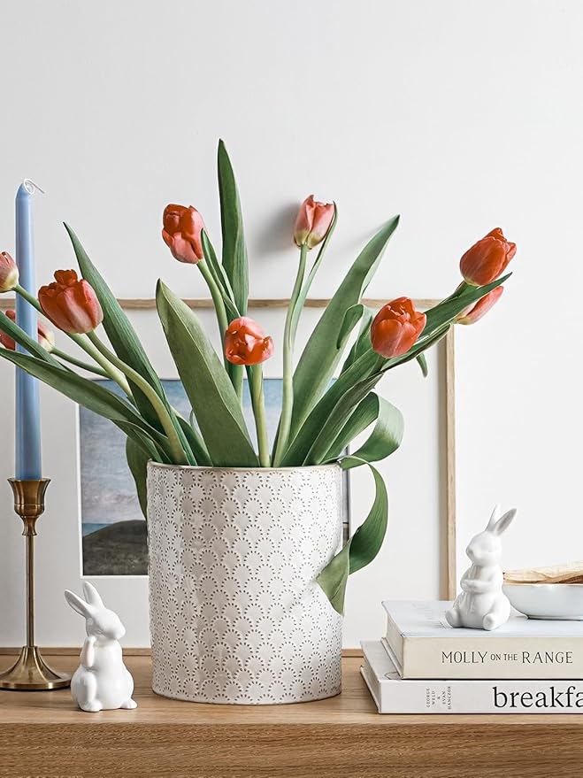 LE TAUCI Utensil Holder, 7.1" Ceramic Kitchen Utensil Holder for Counter top, Embossed Cooking Utensil Organizer for Spatula & Spoon, Kitchen Decor, Set of 1, Arctic White,Fireworks