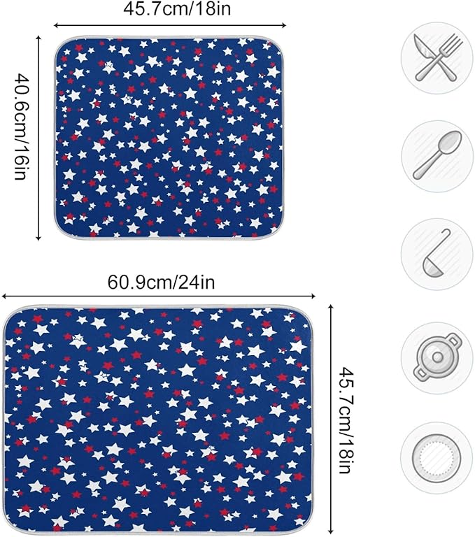USA Patriotic Stars Memorial Dish Drying Mat 16 X 18 Inch Red Blue White Independence Day Dry Dishes Pads Tableware Mats Protector for Kitchen Countertops Counter Home Decorations
