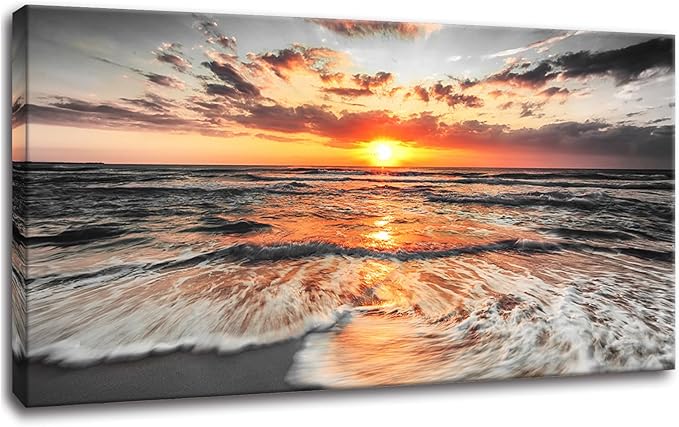 Yxbhhym-Large Pictures for Living Room Wall Decor Beach Wall Art Black and White Ocean Room Decor Sunset Canvas Prints Art Seascape Prints Poster Painting for Bedroom Wall Art Home Office Decoration