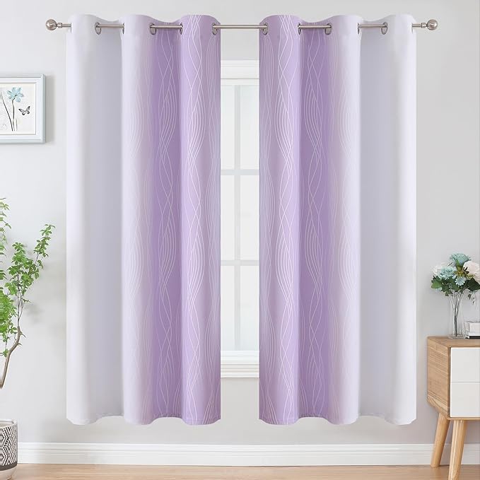 Estelar Textiler Lilac and Greyish White Ombre Blackout Curtains 72 Inches Length for Bedroom, Thermal Insulated Light Blocking Grommet Gradient Blackout Drapes for Living Room, 42Wx72L, 2 Panels