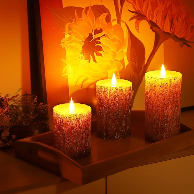 Pine Bark Effect Flameless Candles Battery Operated Pillar Real Wax Flickering Electric LED Candle Sets with Remote Control Cycling 24 Hours Timer, 3" x 4" 5" 6" Pack of 3