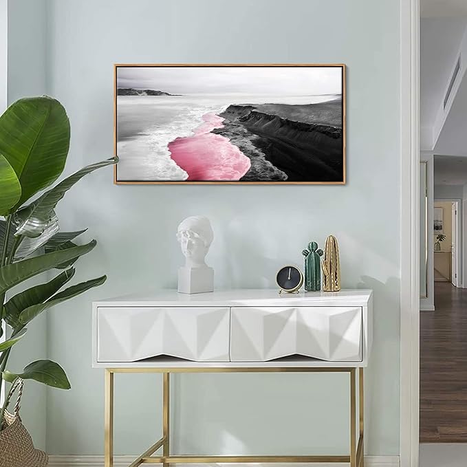 YCPRIMER Pink Canvas Wall Beach Black and White Picture for Living Room Largre Artwork for Wall Coastal Ocean Seascape Painting bedroom Wall Decor Above Bed 20×40IN