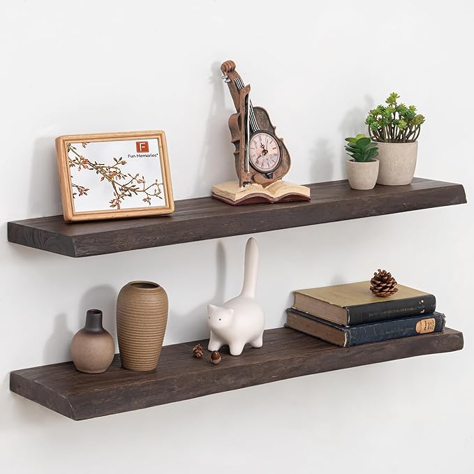 Fun Memories Wood Floating Shelves, 36 Inch Floating Shelves for Wall, Wall-Mounted Live Edge Wooden Shelves with Invisible Heavy-Duty Brackets for Books, Bathroom, Kitchen, Walnut Finish