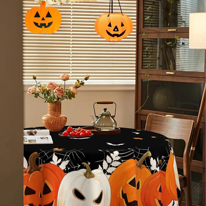 Halloween Round Tablecloth 60x60 Inch Pumpkin Ghost Table Cover Holiday Decorations Seasonal Decor for Home Kitchen Dining Room Picnic Party Fall Thanksgiving