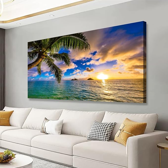 Seascape Sunset Pictures Canvas Wall Art For Living Room Bedroom Wall Decor,Palm Wall Art Print Paitnings For Home Decor,Morden Artwork Coconut Tree Canvas Art Waterproof Ready To Hang-28x57 Inches