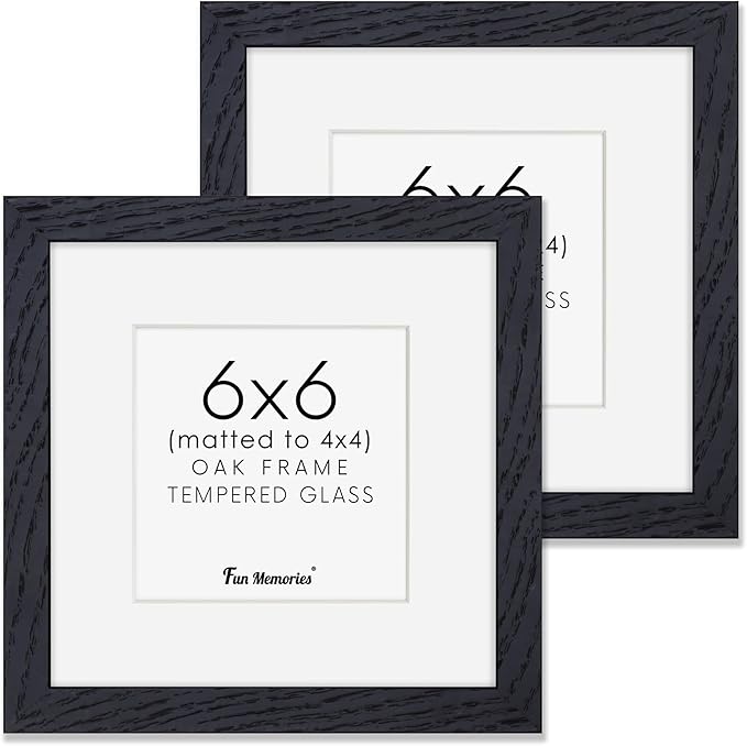 6x6 Picture Frames, Solid White Oak Wood Frame 6 x 6 with Stand for Wall & Tabletop Display, Rustic Wooden Photo Frame 6 by 6 with Real Glass, 6x6 Frame Matted to 4x4, Black Color, Set of 2