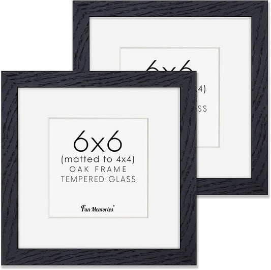 6x6 Picture Frames, Solid White Oak Wood Frame 6 x 6 with Stand for Wall & Tabletop Display, Rustic Wooden Photo Frame 6 by 6 with Real Glass, 6x6 Frame Matted to 4x4, Black Color, Set of 2