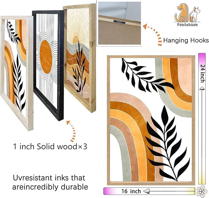 Geometric Sun Desert Plant Wall Art 16"x24" Set Of 3 Boho Wooden Framed Abstract Minimalist Sign Living Room Aesthetics Botanical Nature Illustrations Bedroom Office Wall Hanging Decor (Wood)