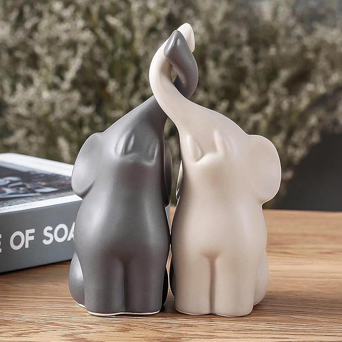 OwMell Set of 2 Loving Elephant Statue Figurine, 6" Elephant Ring Holder, Gifts for Couples Home Lucky Decor - Grey