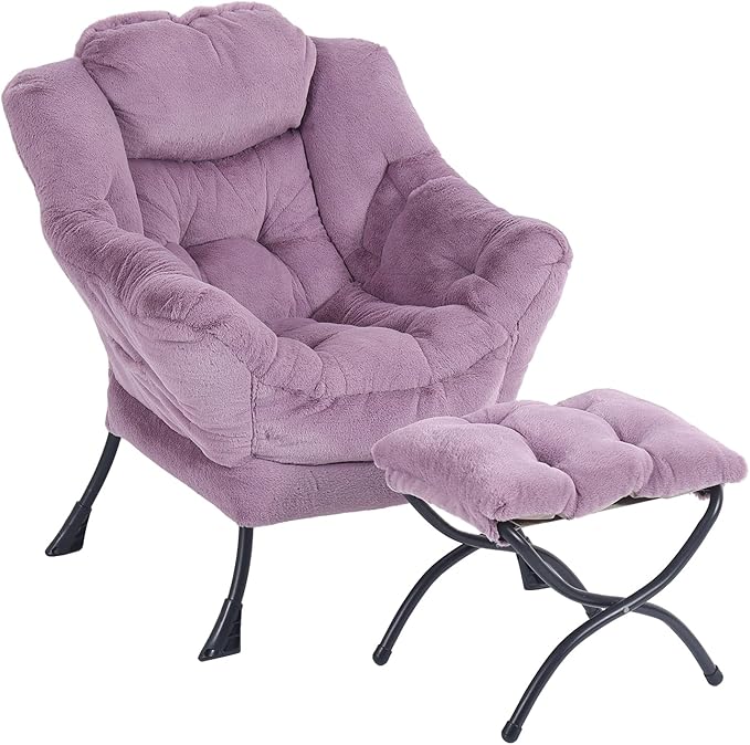 Oversized Chair with Ottoman, Modern Chair with Folding Footrest, Lounge Accent Chair, Comfortable Reading Chair for Bedroom, Study, Living Room, Courtyard (Plush Purple)
