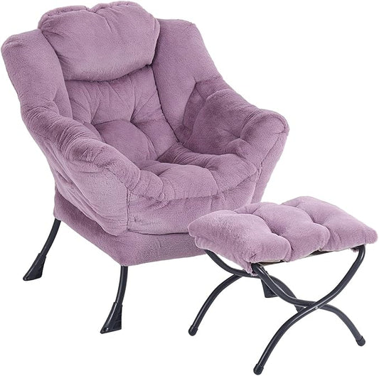 Oversized Chair with Ottoman, Modern Chair with Folding Footrest, Lounge Accent Chair, Comfortable Reading Chair for Bedroom, Study, Living Room, Courtyard (Plush Purple)