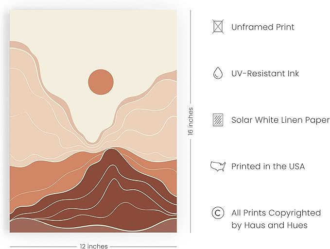 HAUS AND HUES Mountain Wall Art - Framed Boho Art, Abstract Prints, Minimalist Wall Art, Boho Framed Art Prints for Wall, Terracotta Wall Decor (Unframed, 12x16)