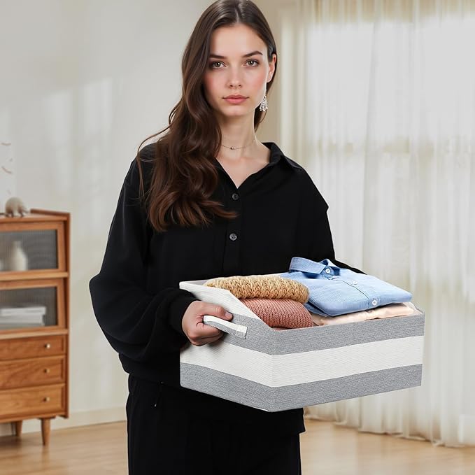 Linen Closet Organizers and Storage, Trapezoid Fabric Bins, Home Office Organization Baskets Striped Collapsible Box with Handles for Clothes, Blanket, Books, DVD, 4 Pack, Gray/White