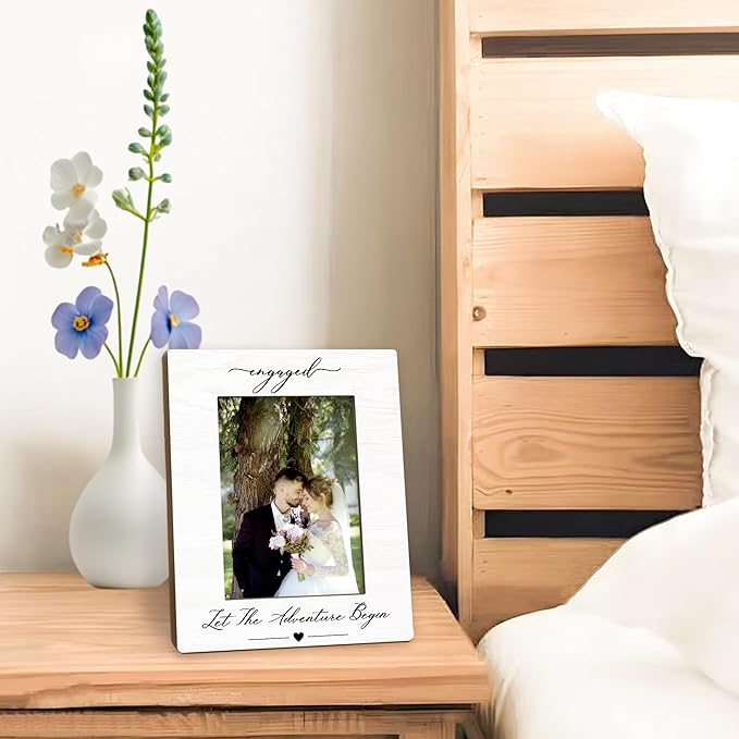 Engagement Picture Frame 5x7, Wedding Photo Frame, Just Engaged Married Gifts for Couples Bride Groom, Engaged Let the Adventure Begin Wooden Picture Photo Frames for Desk Home Room Decor
