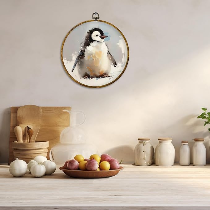 CUANFDDSF Christmas Winter Penguin Round Wall Art Decor, Rustic Winter Penguin Wall Hanging Frame Decor, Farmhouse Christmas Animal Canvas Prints Decorations for Home Bedroom Living Room, 10x10 Inch