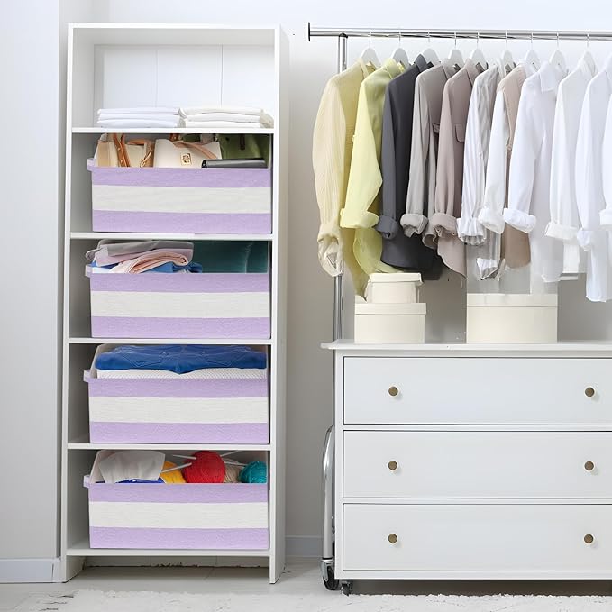 Linen Closet Organizers and Storage, Trapezoid Fabric Bins, Home Office Organization Baskets Striped Collapsible Box with Handles for Clothes, Blanket, Books, DVD, 4 Pack, Purple/White