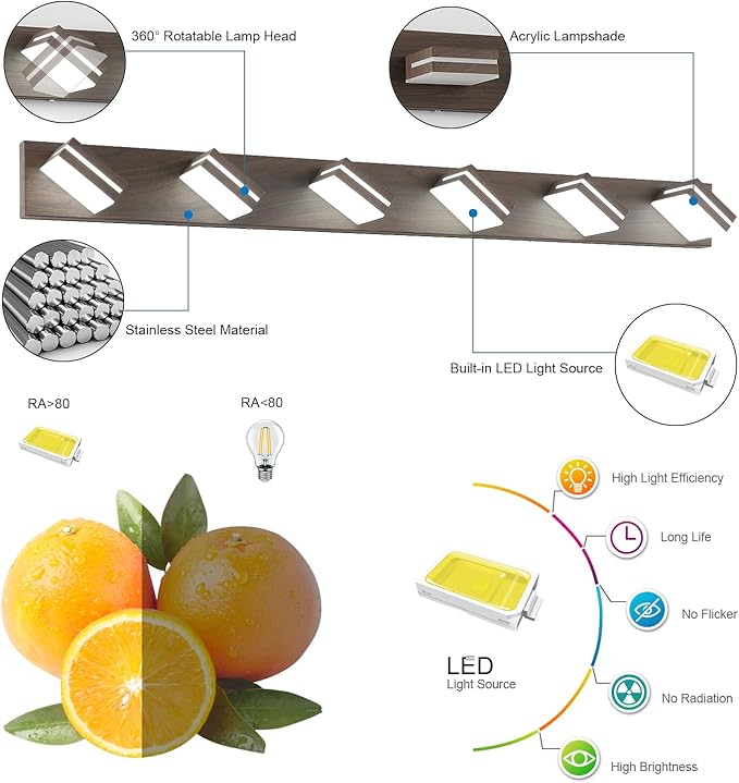 SineRise LED Modern Bathroom Vanity Light Fixtures (6-Light, 48-Inch), Brown Wood Painted Modern Acrylic Bathroom Wall Lighting Fixtures Over Mirror (Cool White 6000K)