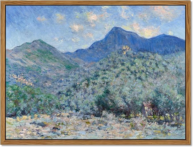 Vintage Framed Monet Wall Art – Impressionist Blue Green Forest Oil Painting Canvas Prints – Tranquil Nature Hillside Landscape Aesthetic Wall Decor for Living Room Bedroom Bathroom – 8"x10"