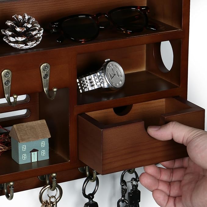 Key Holder for Wall, Mail Organizer Wall Mount with Storage Drawer and 10 Hooks, Easy Installation Key Holder Wall Mount for Home Decor, Walnut