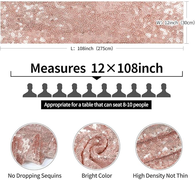 2 Packs 12 x 108 inches Rose Gold Sequin Table Runner, Glitter Rose Gold Table Runner for Wedding Birthday Bachelorette Holiday Party Supplies Decorations Bridal Shower Baby Shower