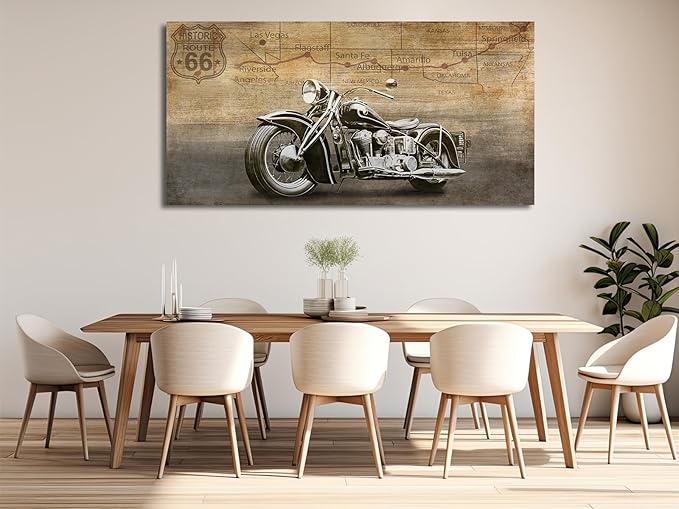 arteWOODS Vintage Motorcycle Canvas Wall Art - Historic Route 66 Retro Vehicle Pictures for Men Boys Bedroom Wall Decor Modern Motorcross Canvas Print Artwork Home Office Wall Decoration 29" x 58"