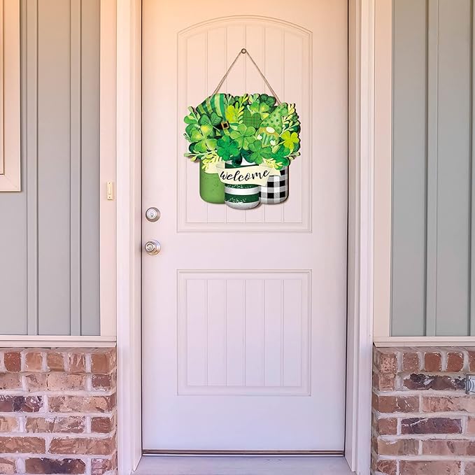 Spiareal Saint Patrick's Day Welcome Door Sign Shamrock Clover Lucky Hanging Decor St. Patrick's Day Wood Wreaths Front Door Decorations for Paddy's Irish Outdoor Farmhouse Porch