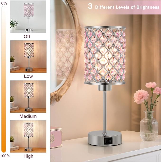 Pink Crystal Table Lamp, Touch Control Bedside Lamps with USB-C+A Charging Ports, 3-Way Dimmable Nightstand Small Desk Lamp Set of 2 for Girl Bedroom, Living Room, Office(Buld Included)