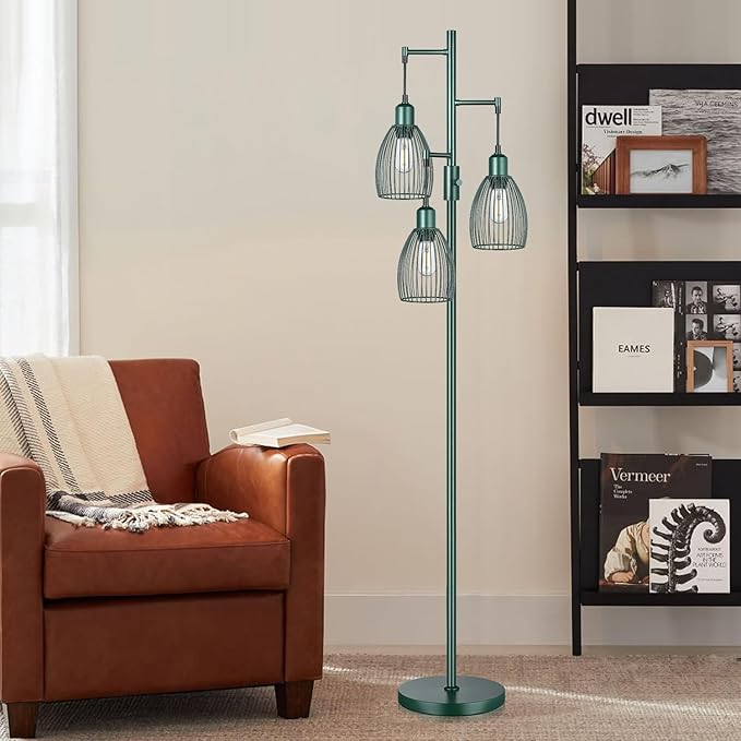 Dimmable Industrial Floor Lamps for Living Room, Green Tree Standing Tall Lamps with 3 Elegant Teardrop Cage Head & 800 Lumens LED Bulbs for Bedroom Office