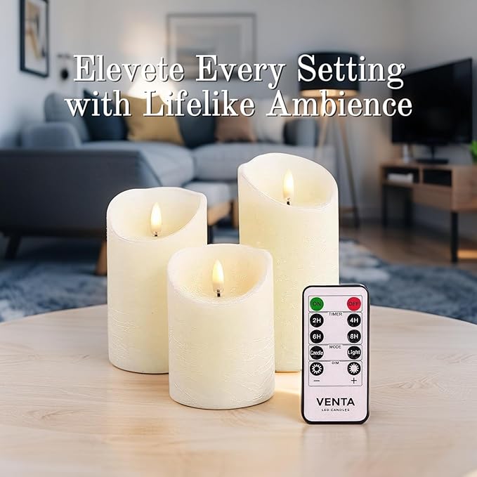 VENTA Set of 3 Warm Ivory Pillar Candles | Real Wax Battery Operated Candles with Flickering Flame | Timeless Year-Round Decor for Weddings, Mantels & Centerpieces