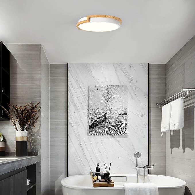 Dimmable Wood LED Flush Mount Ceiling Lights, 5CCT 2700K-6000K White Hallway Lighting Fixtures, Minimalist Round Ceiling Lamp for Bedroom Laundry Room Kitchen Entryway Bathroom 11.8in