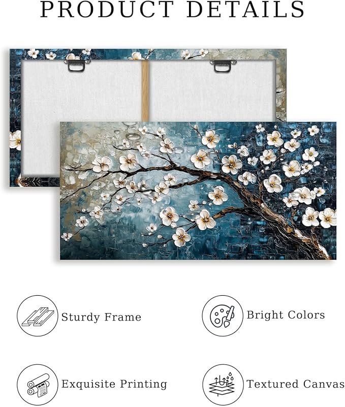 crmotu Teal Tree Wall Art, Plum Blossom Extra Large Artwork, Chinoiserie Floral Canvas Botanical Prints, Blue Plant Modern Wall Pictures for Living Room Bedroom Office Farmhouse Cottage 30X60 Inches
