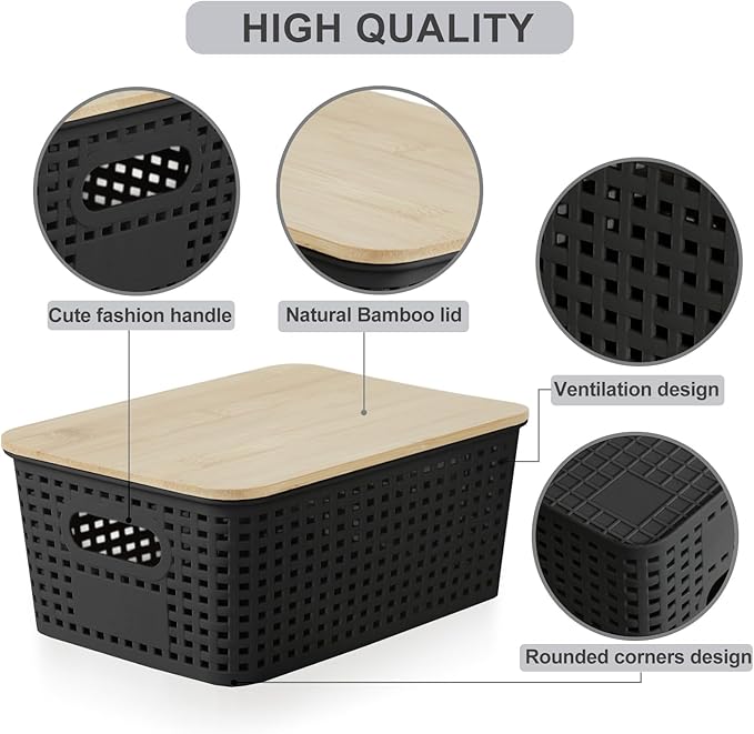 Small Plastic Storage Bins with Bamboo Lids 5.2qt Stackable Box Basket Pantry Decorative Containers Cute with Lable for Organizing Desktop Closet Office Black of 6 packs 10 * 7.2 * 4.1'’